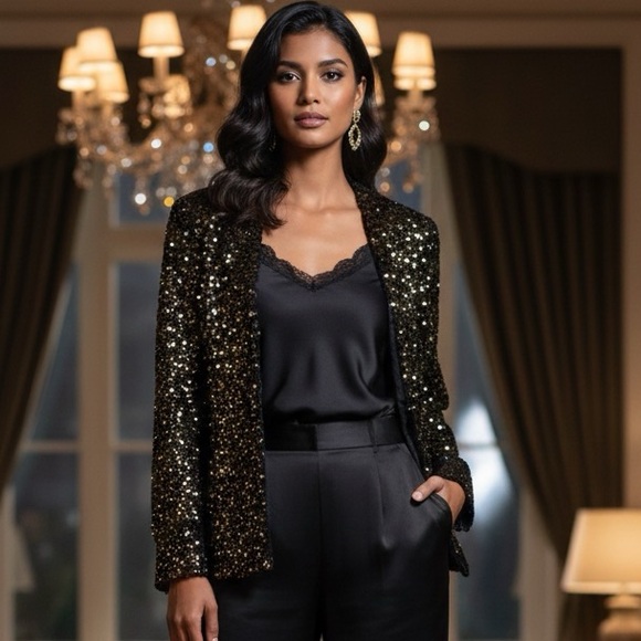 Jackets & Blazers - Elegant Gold & Black Sequinned Fully Lined Jacket